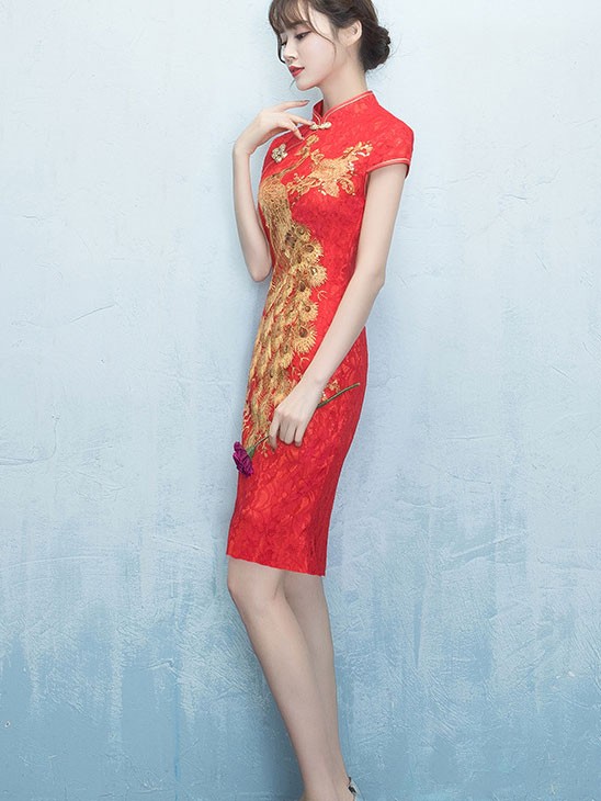 Red Lace Phoenix Short Wedding Qipao / Cheongsam Dress