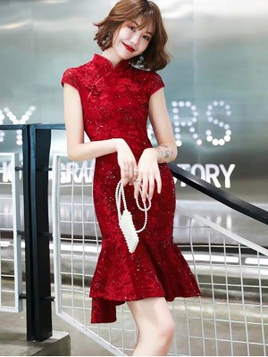 Red Sequined Lace Frill Hem Wedding Qipao Cheongsam Dress