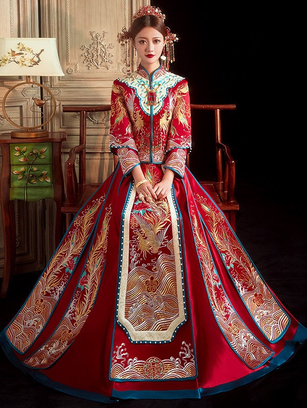 Red Sequined Phoenix Wedding Bride Qun Kwa Xiu He