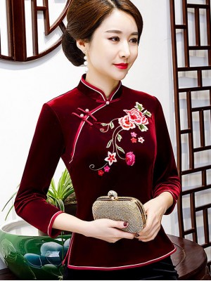 Embroidered Velour Qipao / Cheongsam Blouse Top
