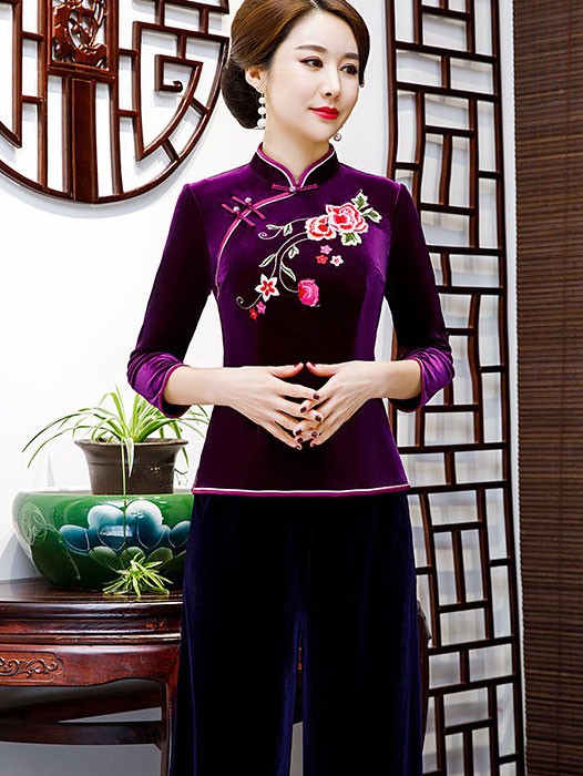 Embroidered Velour Qipao / Cheongsam Blouse Top