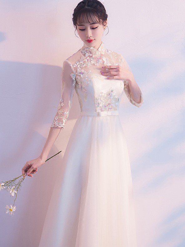 Champagne Embroidered Tulle Qipao / Cheongsam Evening Dress