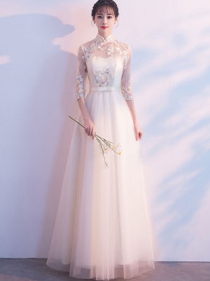 Champagne Embroidered Tulle Qipao / Cheongsam Evening Dress