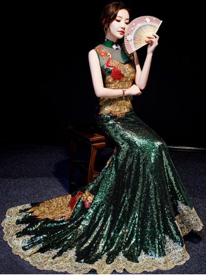 Green Sequined Phoenix Qipao / Cheongsam Gown with Mermaid Train