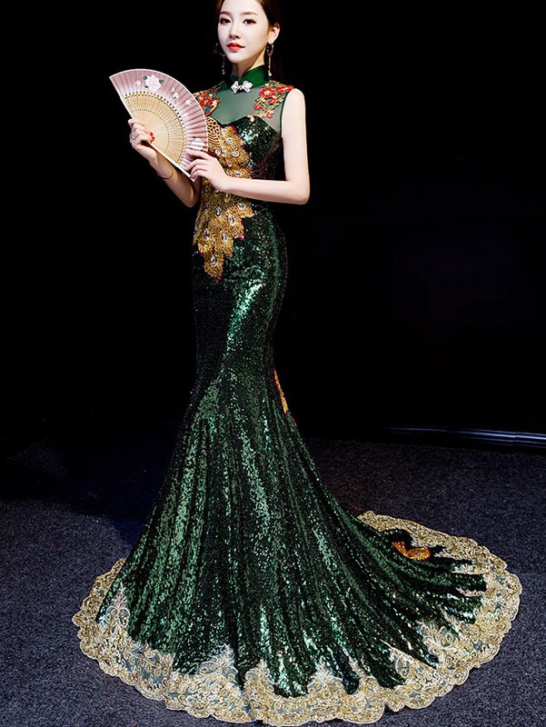 Green Sequined Phoenix Qipao / Cheongsam Gown with Mermaid Train