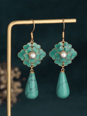 Vintage Blue Enamel Flower Drop Dangle Earrings