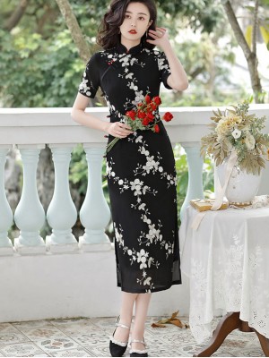 2023 Black Embroidered Floral Qipao Cheongsam Dress