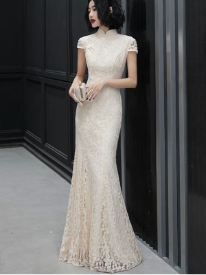 Beige Blue Lace Fishtail Qipao Cheongsam Prom Dress