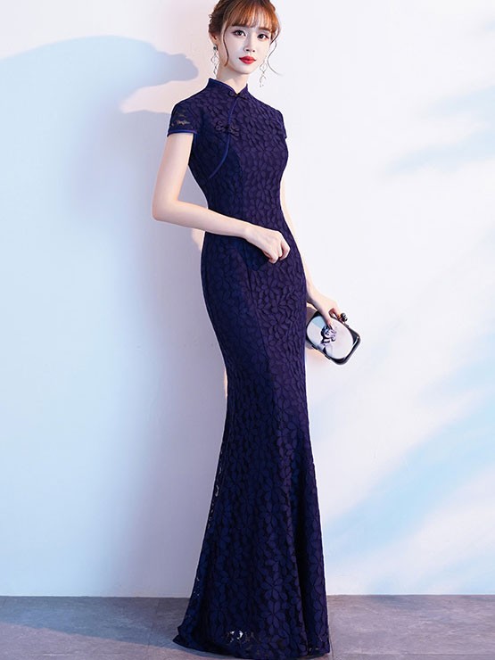 Beige Blue Lace Fishtail Qipao Cheongsam Prom Dress