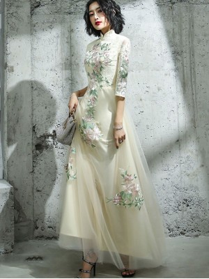 Champagne Appliques Tulle Full Qipao Cheongsam Dress