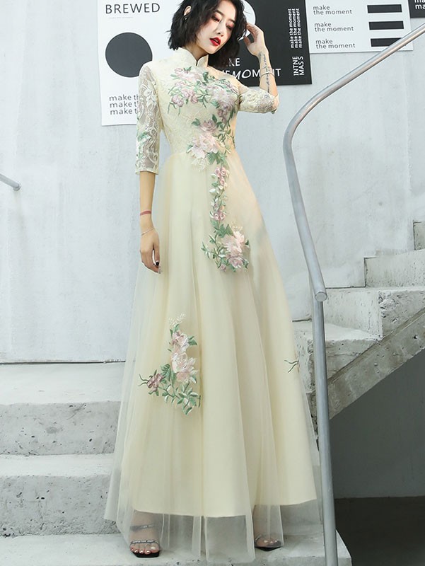 Champagne Appliques Tulle Full Qipao Cheongsam Dress