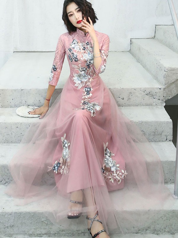 Pink Appliques Tulle Full Qipao Cheongsam Dress