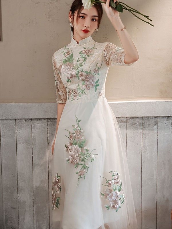 White Appliques Tea Length Qipao Cheongsam Dress