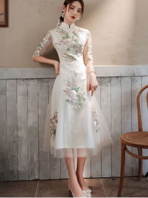 White Appliques Tea Length Qipao Cheongsam Dress