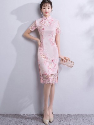 Pink Embroidered Short Qipao / Cheongsam Party Dress