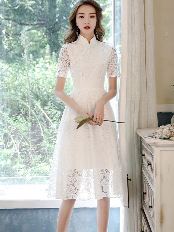 2023 White Lace Mid A-Line Qipao Cheongsam Dress - CozyLadyWear
