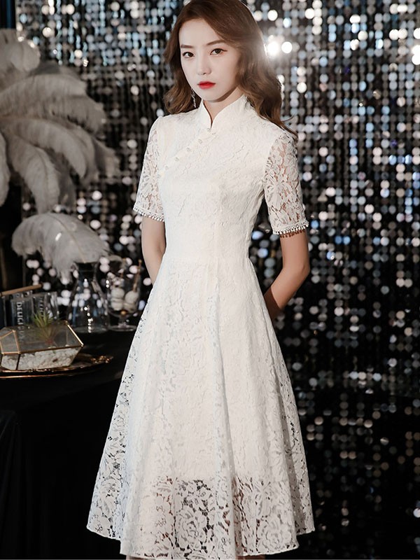 2023 White Lace Mid A-Line Qipao Cheongsam Dress