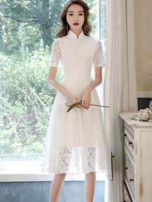 2026 White Lace Mid A-Line Qipao Cheongsam Dress