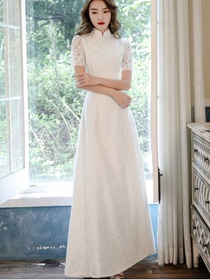 White Lace Split A-line Wedding Qipao Cheongsam Gown