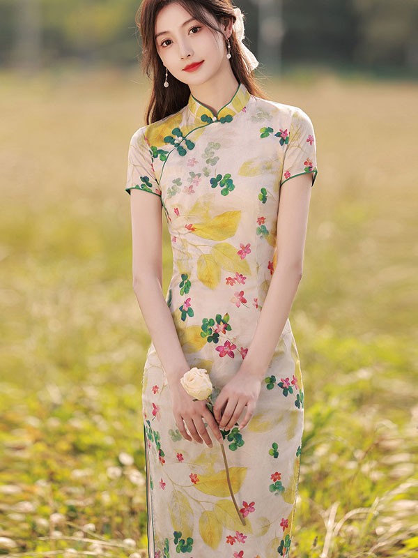 2023 Floral Linen Tea Cheongsam Qipao Dress