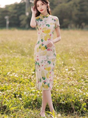 2023 Floral Linen Tea Cheongsam Qipao Dress