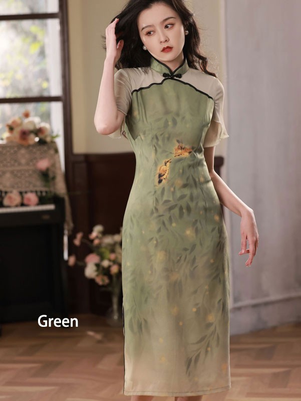 2023 Summer Chinese Painting Print Mid Qipao / Cheongsam Dress