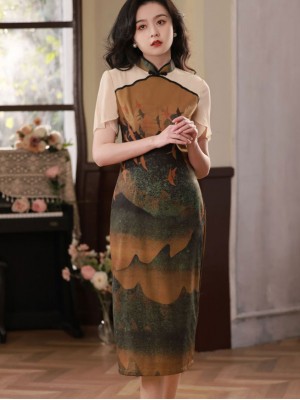 2023 Summer Chinese Painting Print Mid Qipao / Cheongsam Dress