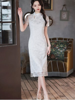 Light Purple Lace Midi Qipao / Cheongsam Dress