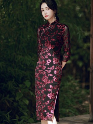 Mothers Red Green Velvet Mid Qipao / Cheongsam Dress