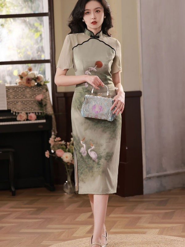 2023 Summer Green Chinese Painting Print Qipao Cheongsam Dress