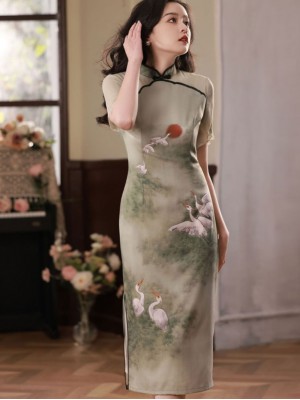 2023 Summer Green Chinese Painting Print Qipao Cheongsam Dress