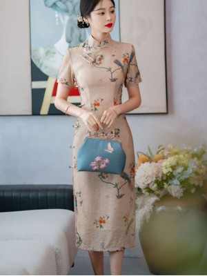 2023 Beige Floral Linen Tea Cheongsam Qipao Dress