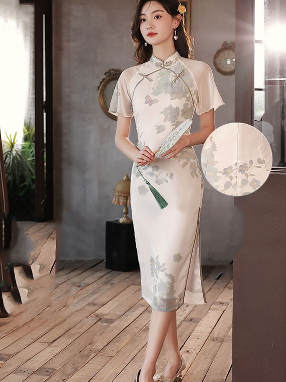 2023 Summer Floral Print Flutter Sleeve Cheongsam Qipao Dress