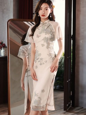 2023 Summer Floral Print Flutter Sleeve Cheongsam Qipao Dress