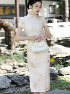 Ivory Jacquard Mid Cheongsam Qipao Dress