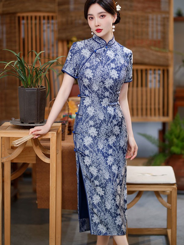 2023 Mothers Purple Blue Floral Qipao / Cheongsam Dress