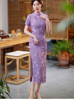 2023 Mothers Purple Blue Jacquard Qipao / Cheongsam Dress