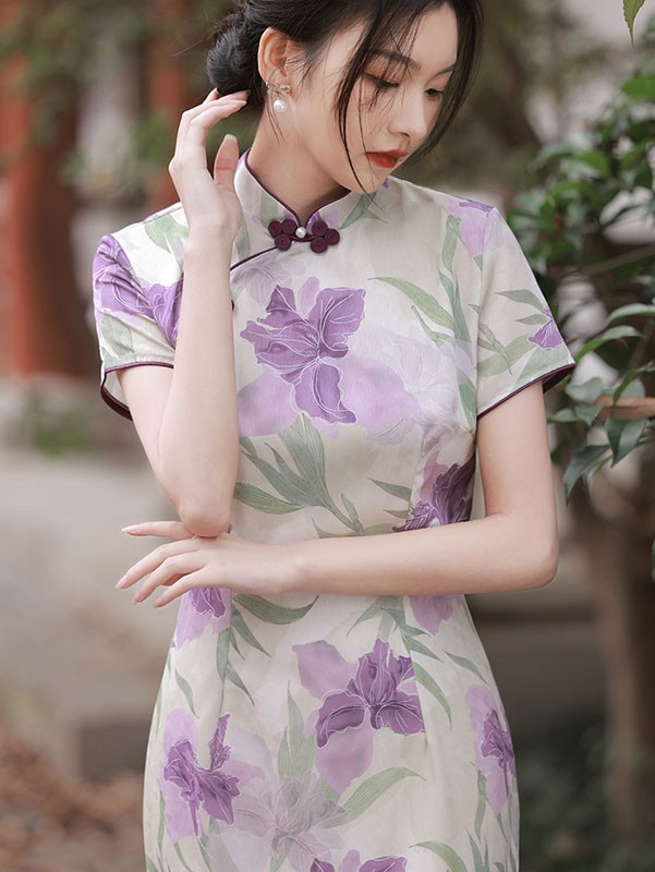 2023 Purple Floral Tea Cheongsam Qipao Dress