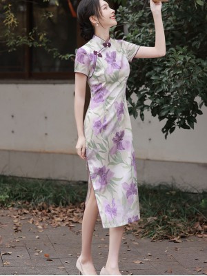 2023 Purple Floral Tea Cheongsam Qipao Dress