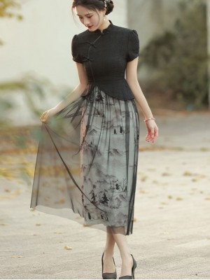 Black Fake Two-Piece A-Line Cheongsam / Qipao Dress