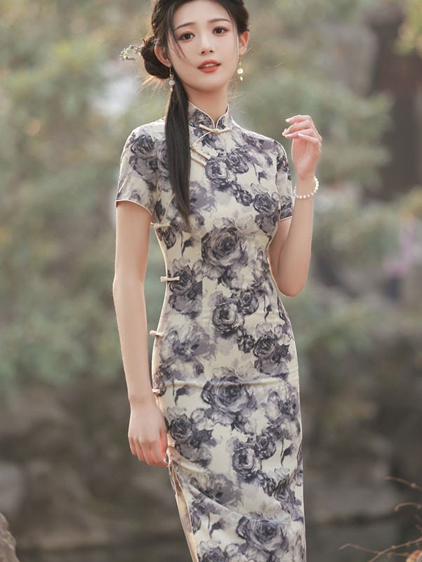 Black Rose Print Tea Cheongsam Qipao Dress