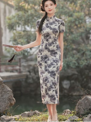 Black Rose Print Tea Cheongsam Qipao Dress