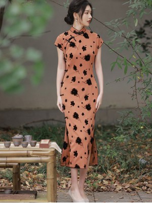 Four-Leaf Clover Print Cheongsam Qipao Dress