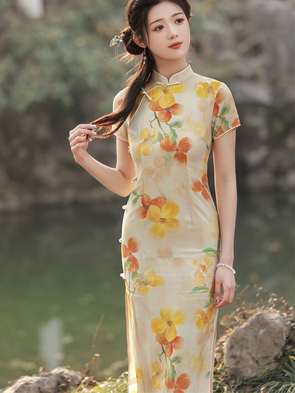 Yellow Floral Linen Tea Cheongsam Qipao Dress