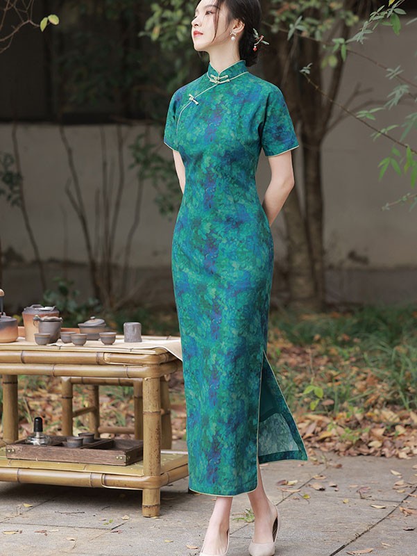 2023 Green Floral Linen Cheongsam Qipao Dress