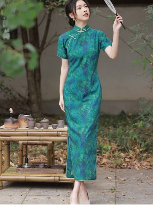 2023 Green Floral Linen Cheongsam Qipao Dress