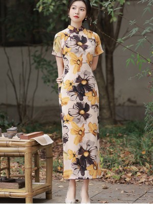 2023 Yellow Floral Print Cheongsam Qipao Dress