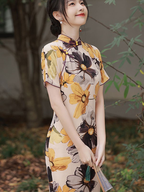 2023 Yellow Floral Print Cheongsam Qipao Dress