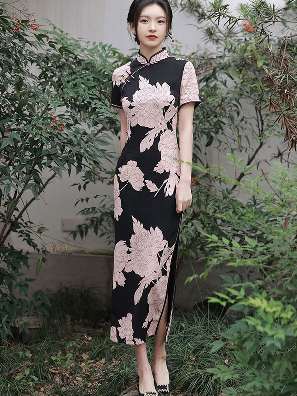 2023 Color Block Floral Maxi Cheongsam Qipao Dress