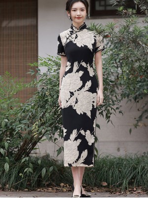 2023 Color Block Floral Maxi Cheongsam Qipao Dress